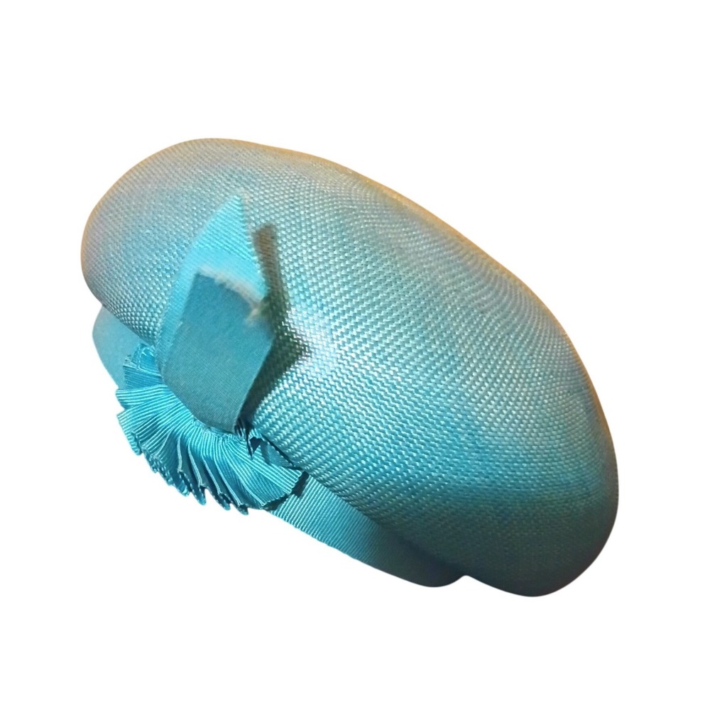 Vintage Winkelmans Turquoise Blue Pillbox Hat Woven Straw Ribbon Bow Medium